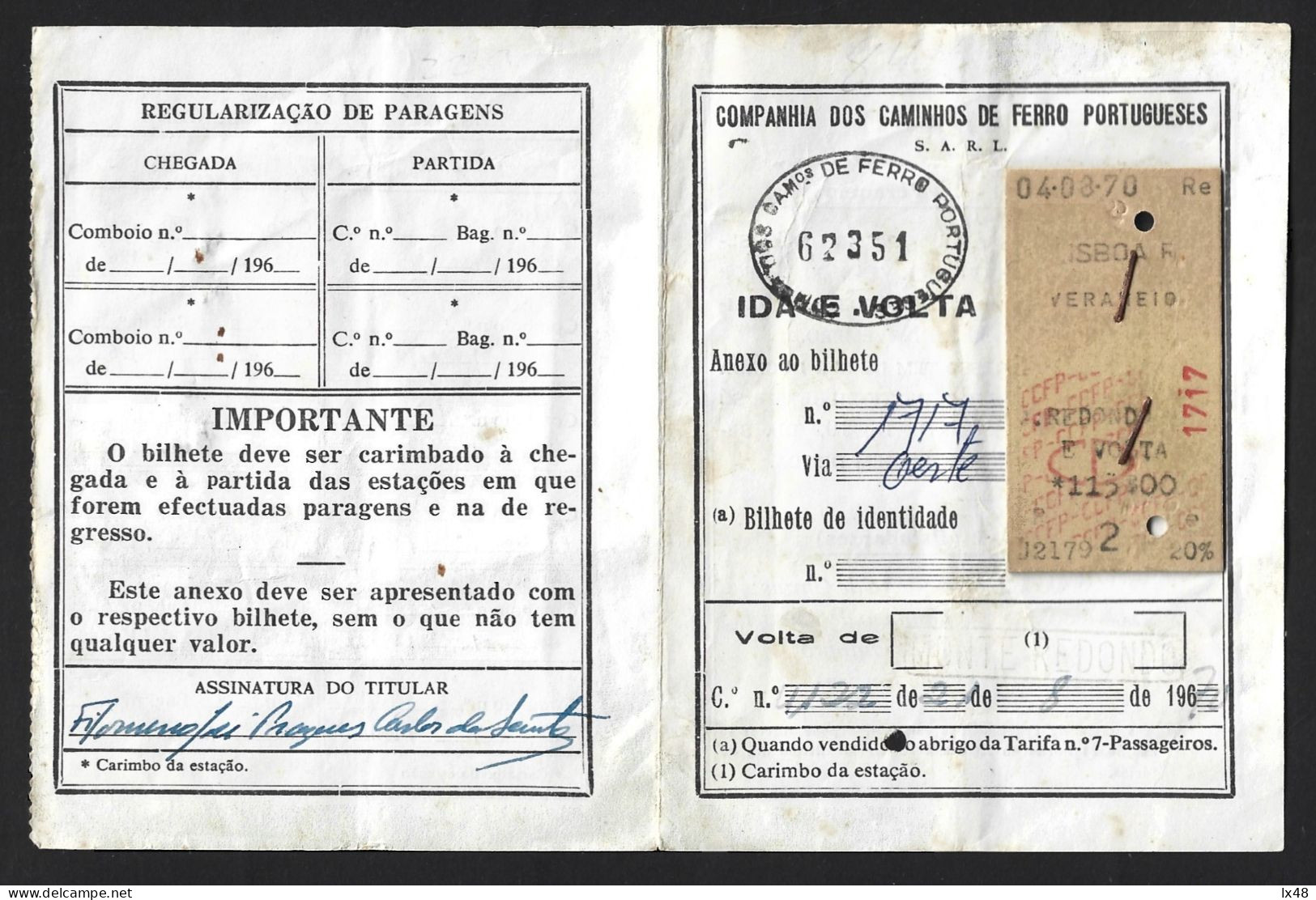 Round-trip Railway Ticket Summer Vacations. Ticket From Lisbon To Redondo, Alentejo And Back 1963.Hin- Und Rückfahrt Mit - World