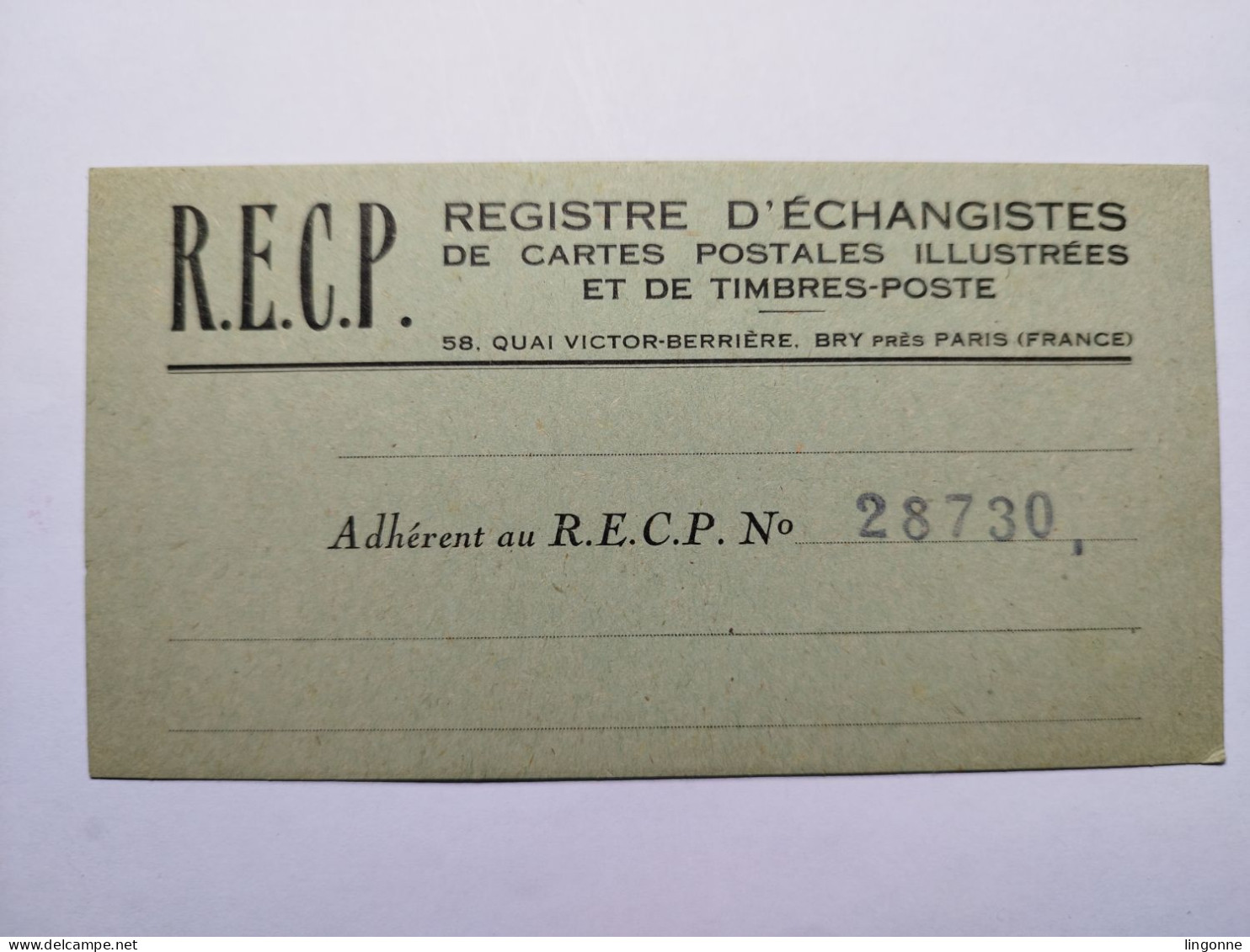 R.E.C.P Registre D'échangistes De Cartes Postales Illustrées Et De Timbres-poste. BRY Sur MARNE (Val-de-Marne 94) - Documenti Storici