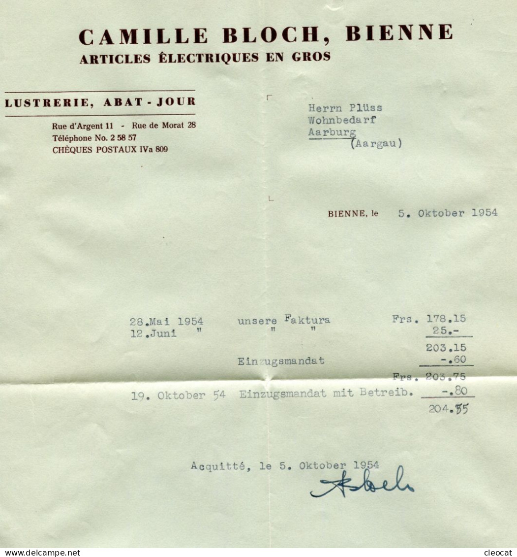 Einzugsauftrag Biel / Bienne 1954 - Absender: Camille Bloch Mit Quittung - Covers & Documents