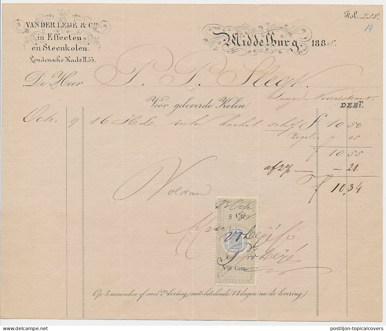 Nota Middelburg 1885 - Effecten - Steenkolen - Nederland