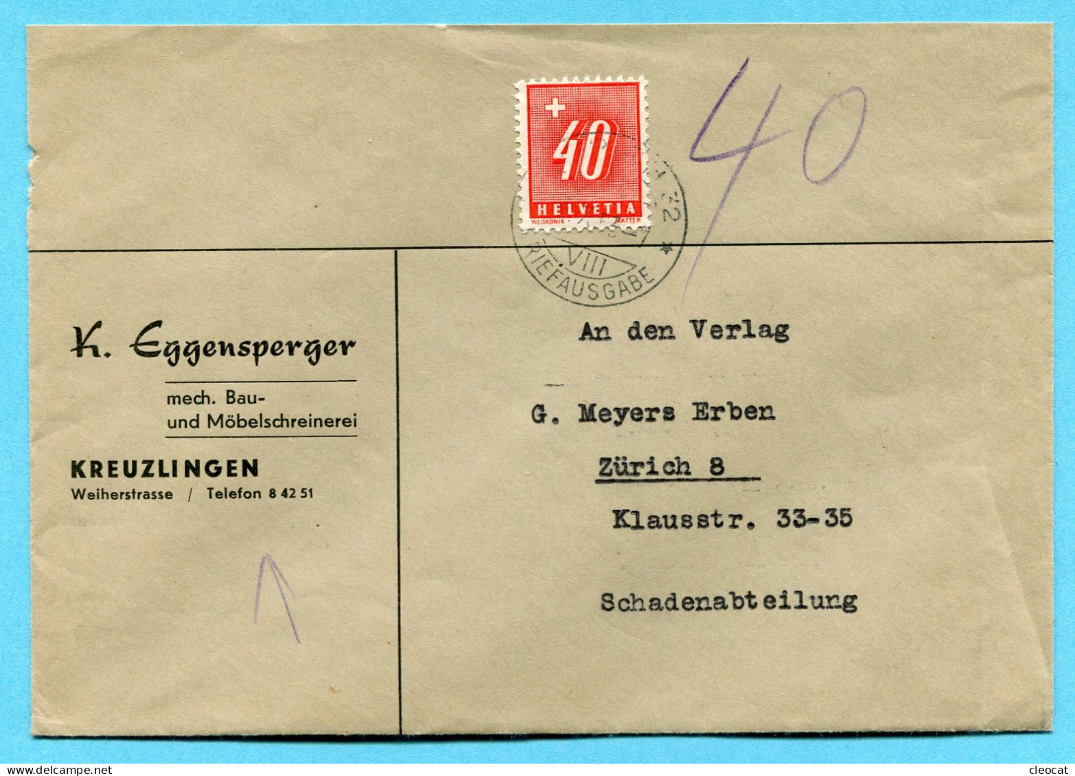 Brief Von Kreuzlingen Nach Zürich Mit Nachportomarke - Absender: K. Eggensperger - Postage Due