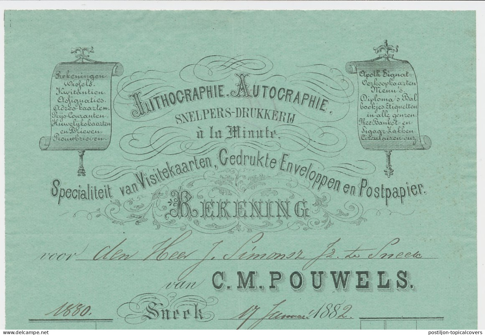 Nota Sneek 1880 - Snelpers Drukkerij - Lithographie - Paesi Bassi
