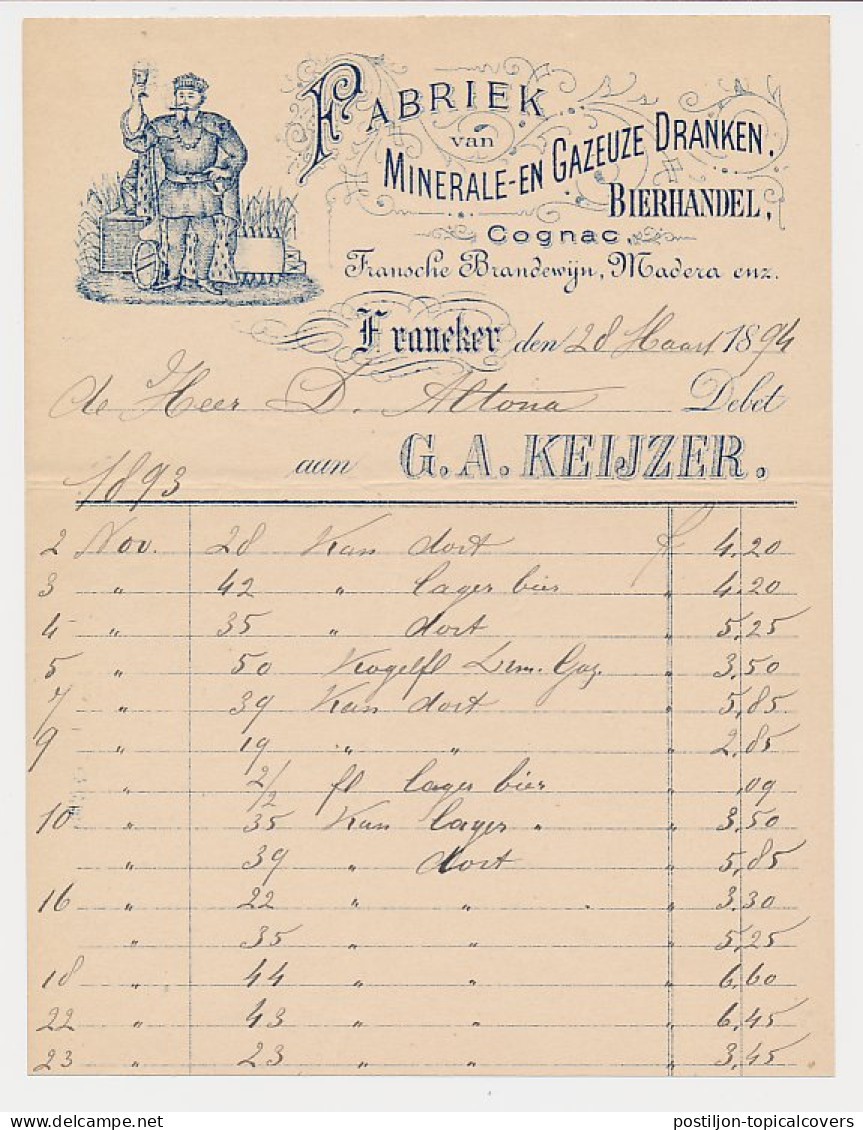 Nota Franeker 1894 - Bierhandel - Minerale En Gazeuze Dranken - Pays-Bas