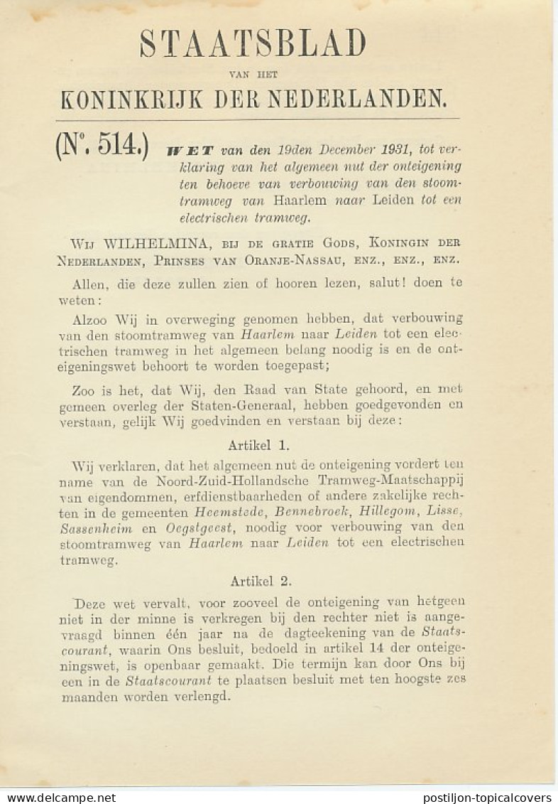 Staatsblad 1931 : Spoorlijn Haarlem - Leiden - Documenti Storici