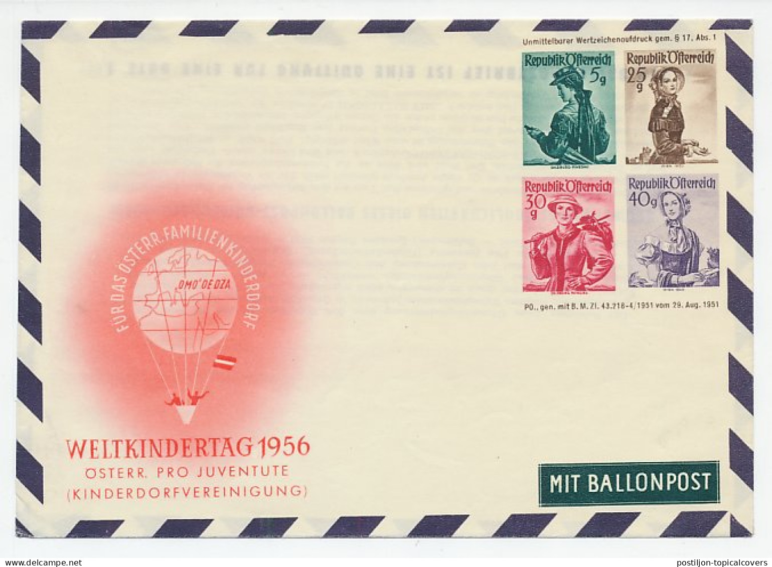 Postal Stationery Austria 1956 World Children S Day - Balloon Post - Andere & Zonder Classificatie