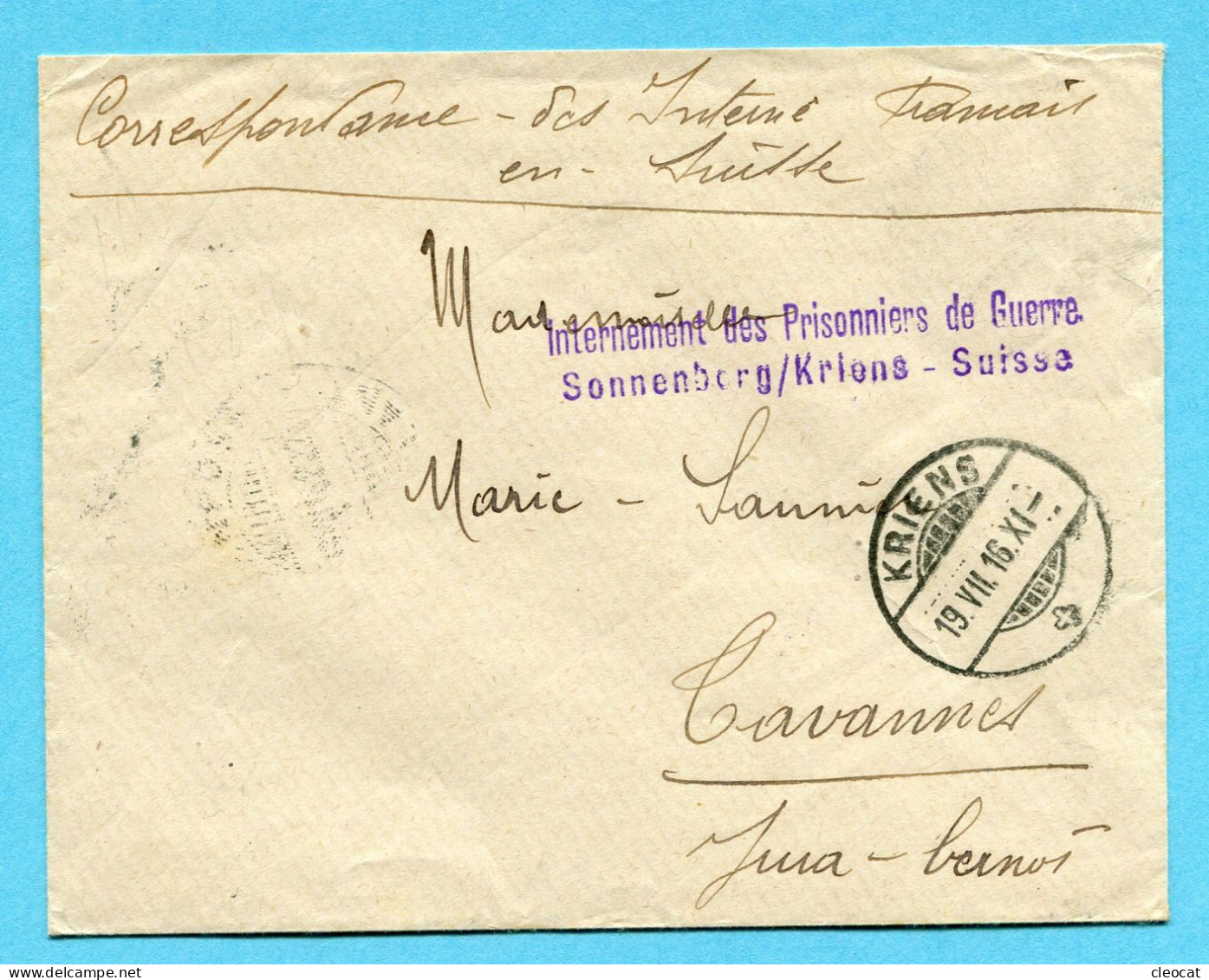 Brief Kriens 1916 - Gestempelt Internement Des Prisonniers De Guerre Sonnenberg / Kriens - Cartas & Documentos