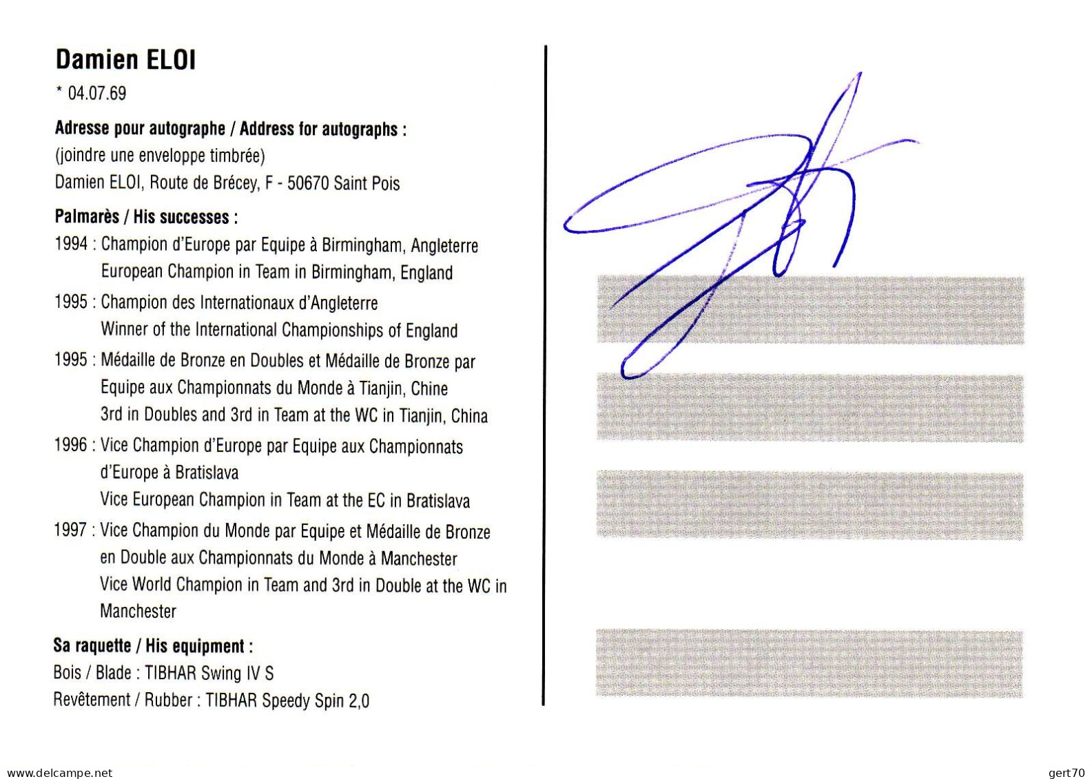 France, Damine Eloi, With Signature / Carte Signée - Tennis Tavolo