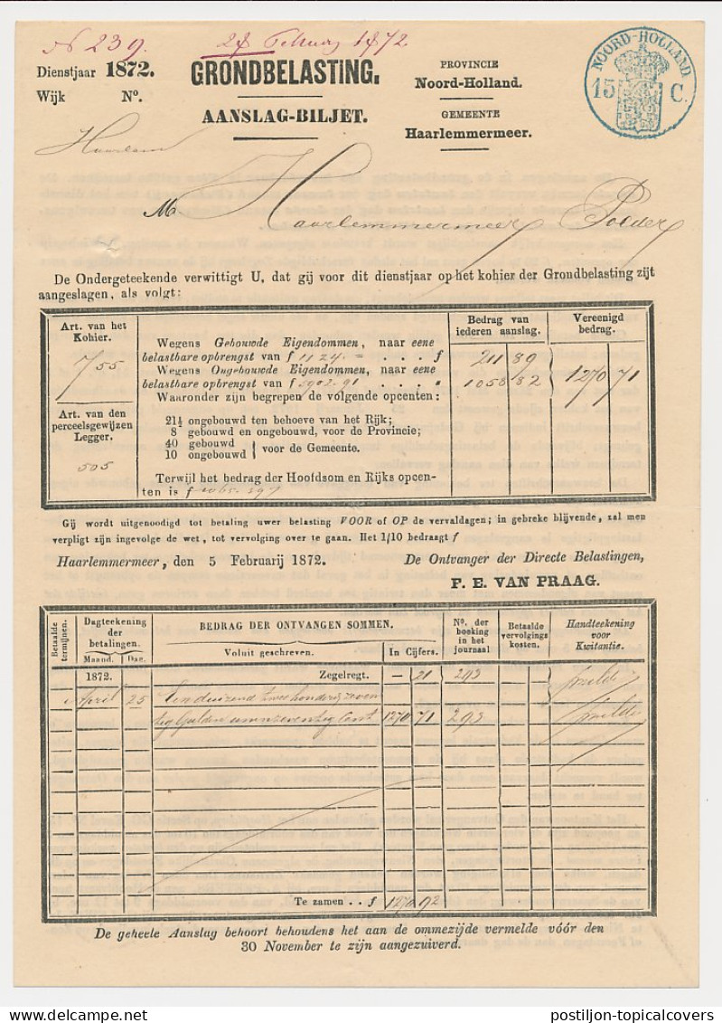 Fiscaal - Aanslagbiljet Haarlemmermeer 1872 - Fiscales