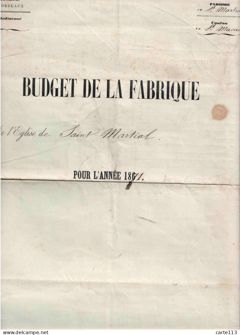 33 - F28802PAP - SAINT ST MARTIAL - Budget De La Fabrique De La Paroisse De SAINT MARTIAL, Canton De SAINT MACAIRE 1871 - Documenti Storici