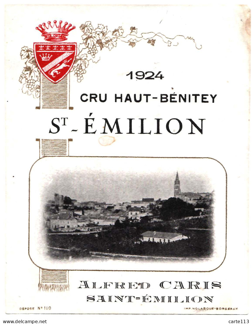 33 - F28463PAP - SAINT EMILION - Etiquette De Vin - Cru HAUT-BENITEY - 1924 - Alfred CARS - Très Bon état - GIRONDE - Bordeaux