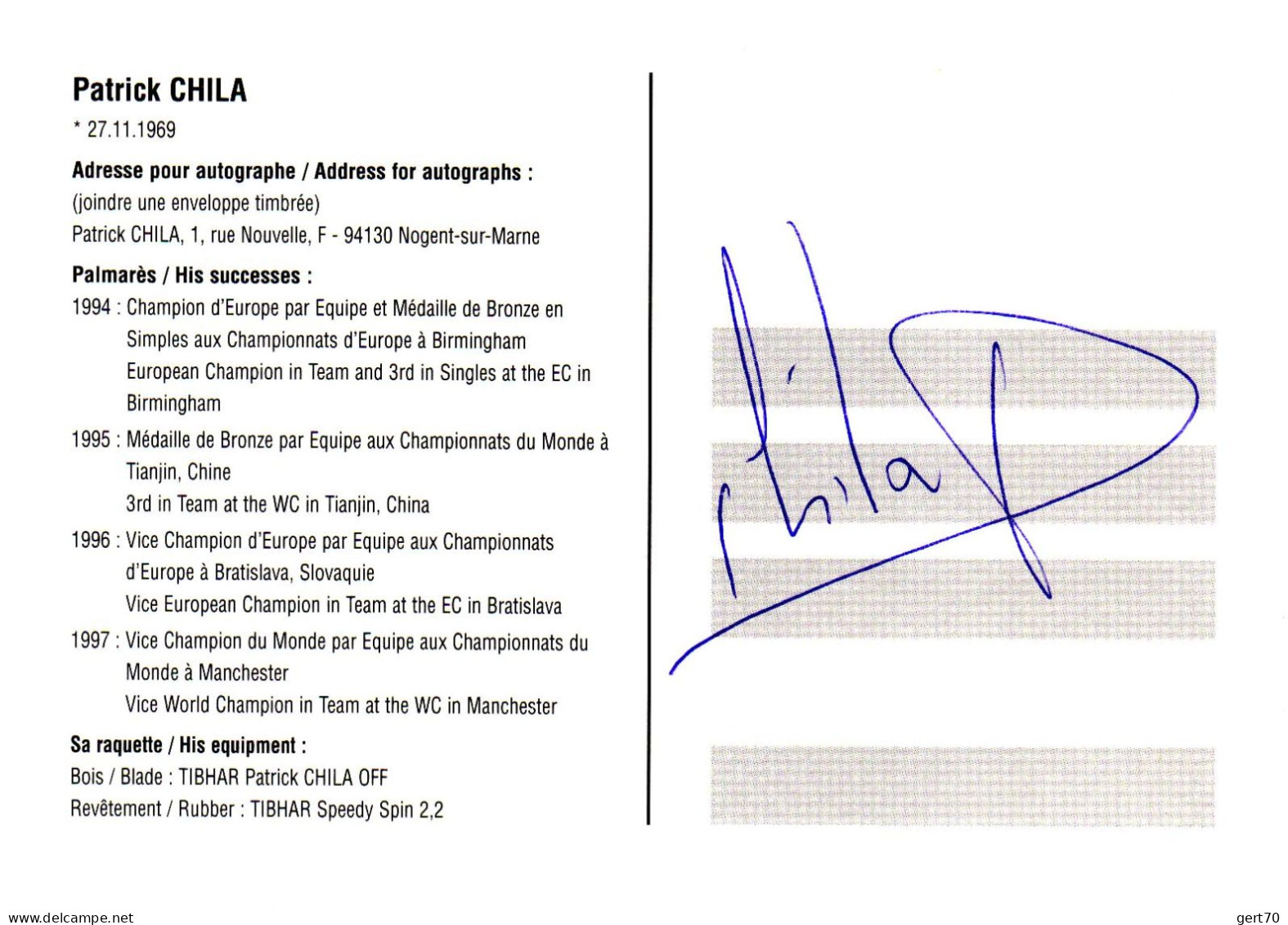 France, Patrick Chila, With Signature / Carte Signée - Tischtennis