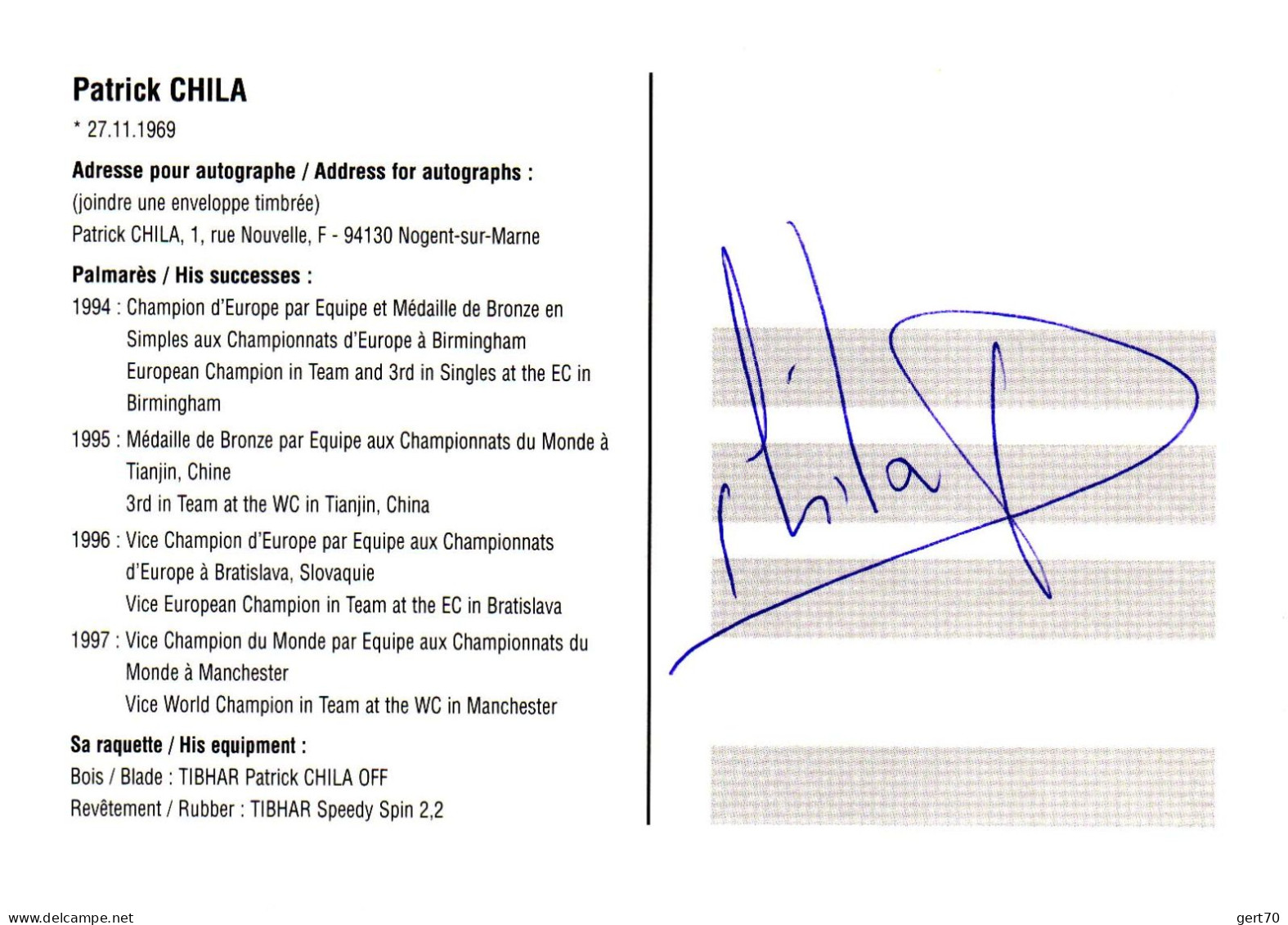 France, Patrick Chila, With Signature / Carte Signée - Tenis De Mesa