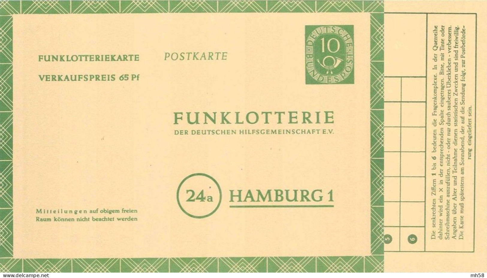 ALLEMAGNE RFA BUND 1953 - Entier / Ganzsache * - FP 4 Funklotterie - 10 (65 Pf) Posthorn Grün - Postkarten - Ungebraucht