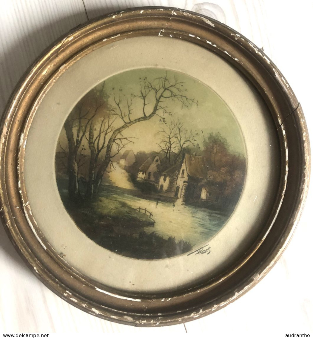 Lithographie ? Signée FLORE ? Paysage De Campagne Cadre Rond En Bois Paysage De Rivière Avec Maisons - Sonstige & Ohne Zuordnung