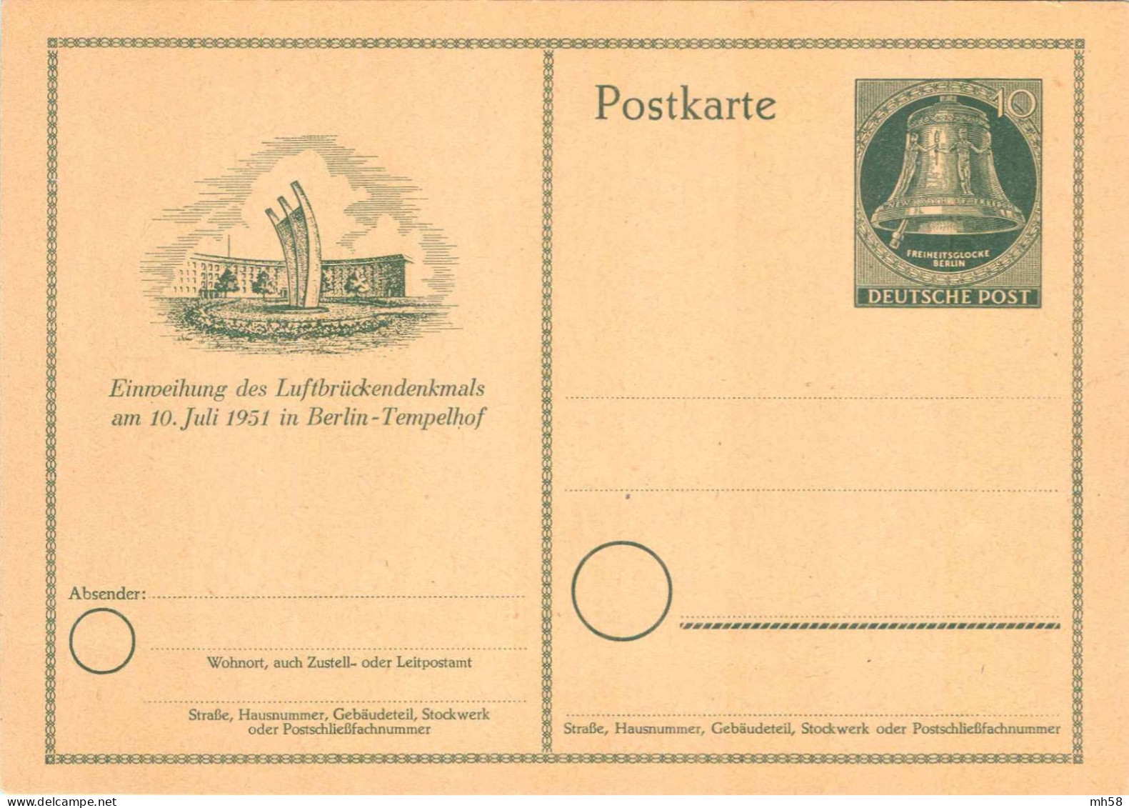 BERLIN 1951 - Entier / Ganzsache * - P 24 Einweihung Des Lufbrückendenkmals In Tempelhof - 10 Pf Freiheitsglocke Grün - Postkarten - Ungebraucht