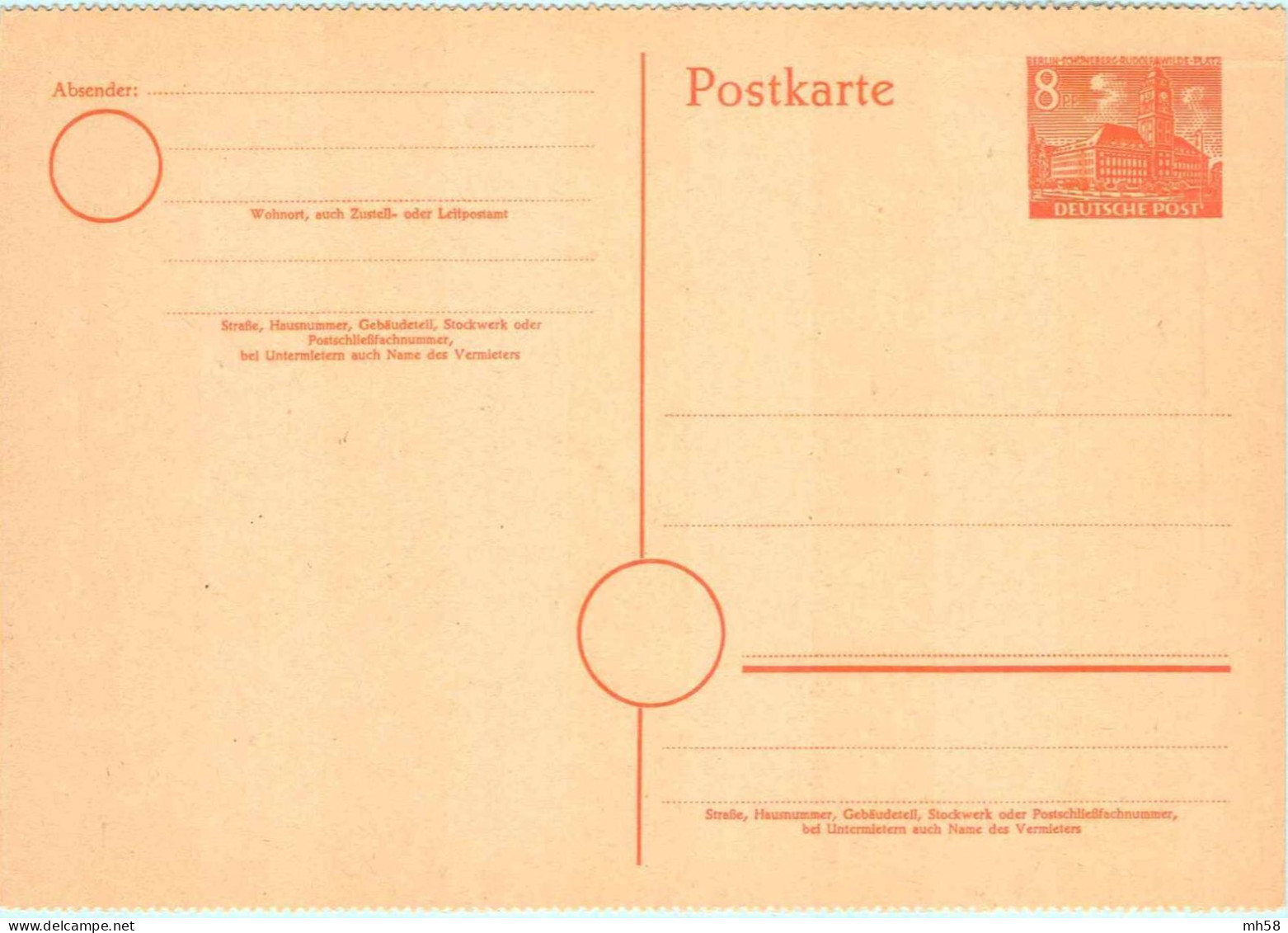 BERLIN 1952 - Entier / Ganzsache * - P 12 II Gezähnt - 8 Pf Bauten I. (Schöneberger Rathaus) Orange - Postcards - Mint