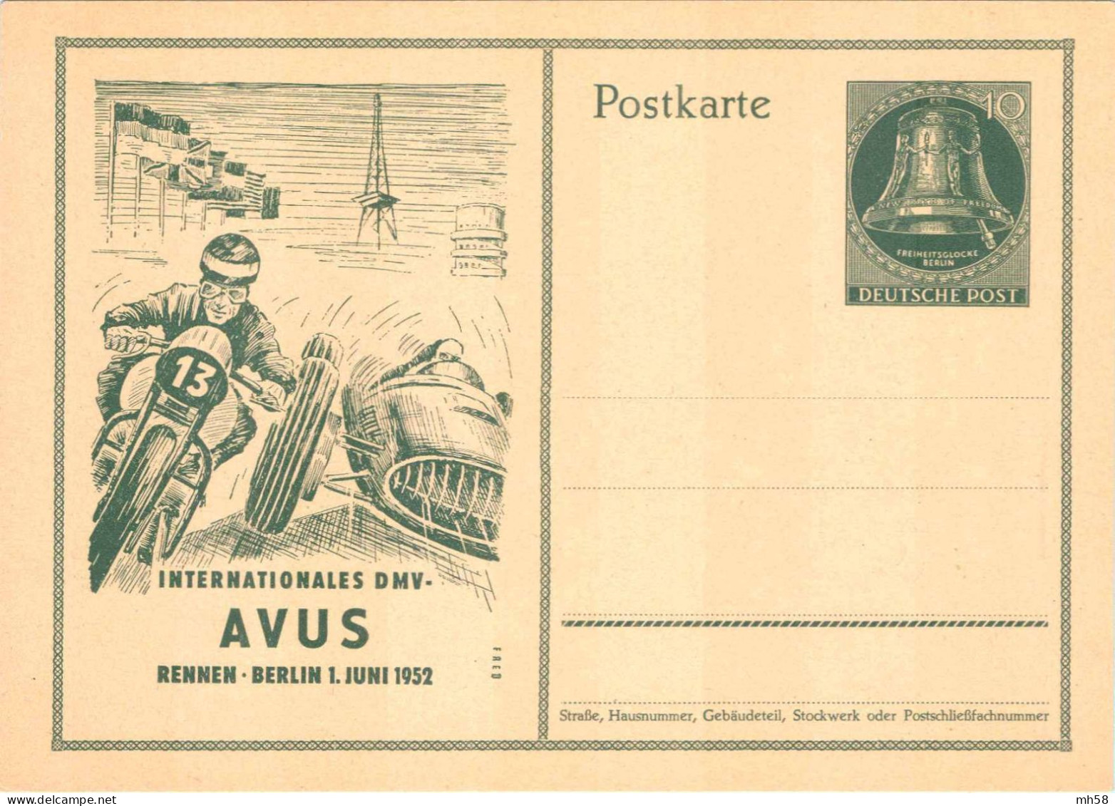 BERLIN 1952 - Entier / Ganzsache * - P 30 Auto- Und Motorradrennen Auf Der Avus - 10 Pf Freiheitsglocke Grün - Auto's