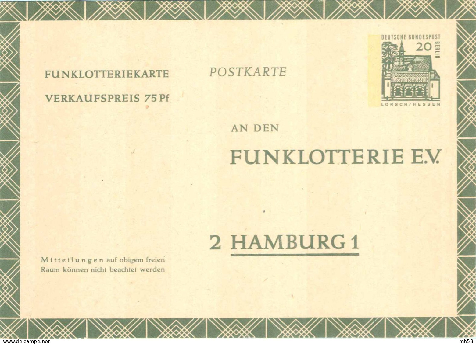 BERLIN 1966 - Entier / Ganzsache * - FP 8 Funklotterie - 20 (75 Pf) Bauwerke I (Lorsch Hessen) Grün - Postcards - Mint