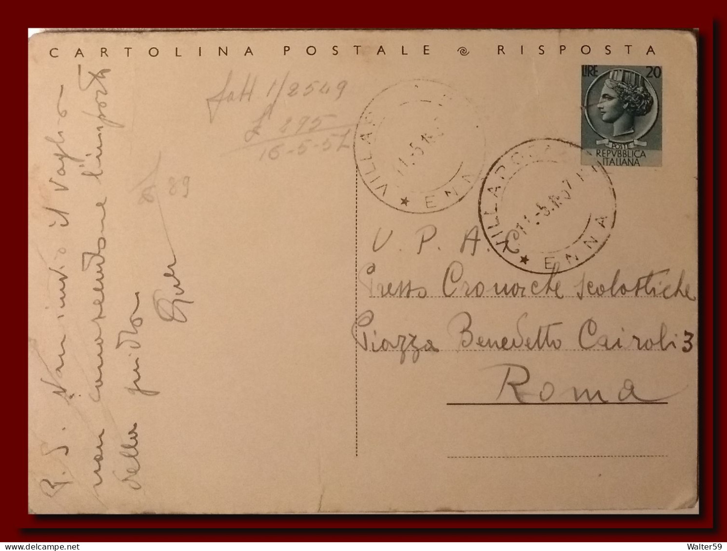 1957 ITALIA ITALY Intero CPRP Sir £20 Parte Risposta Vg VILLAROSA X ROMA Ps Card 2scans - Stamped Stationery