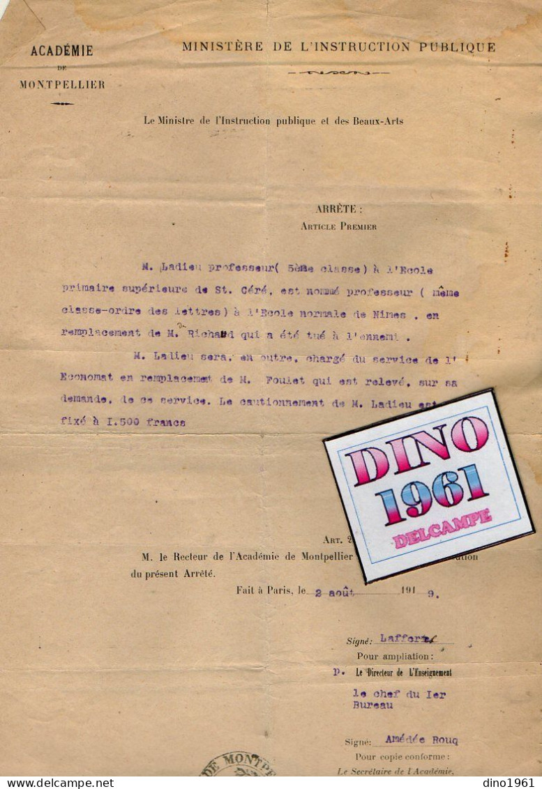 VP23.076 - Ministère De L'Instruction ..PARIS X MONTPELLIER 1919 - Arrêté - M. LADIEU, Professeur à SAINT - CERE X NIMES - Documenti Storici