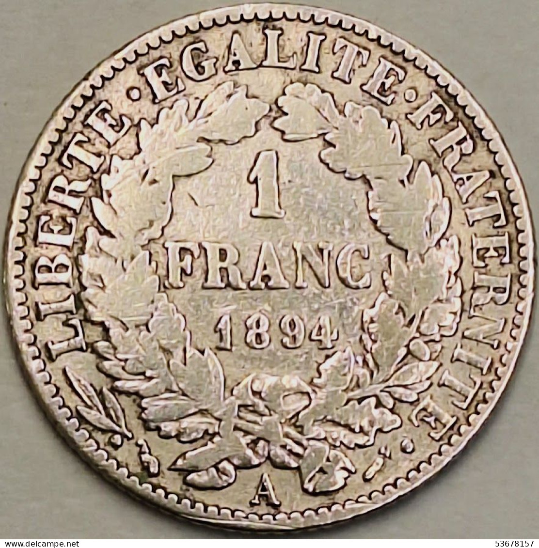 France - Franc 1894 A, KM# 822.1, Silver (#4056) - 1 Franc