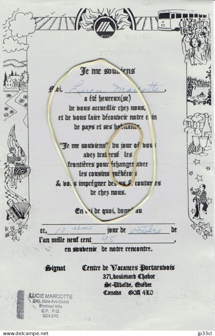 Les Remerciements De Mme Lucie Marcotte (Portneuf Ville, Québec) Après Avoir Hébergé Des Cousins Européens (1995) - Sonstige & Ohne Zuordnung