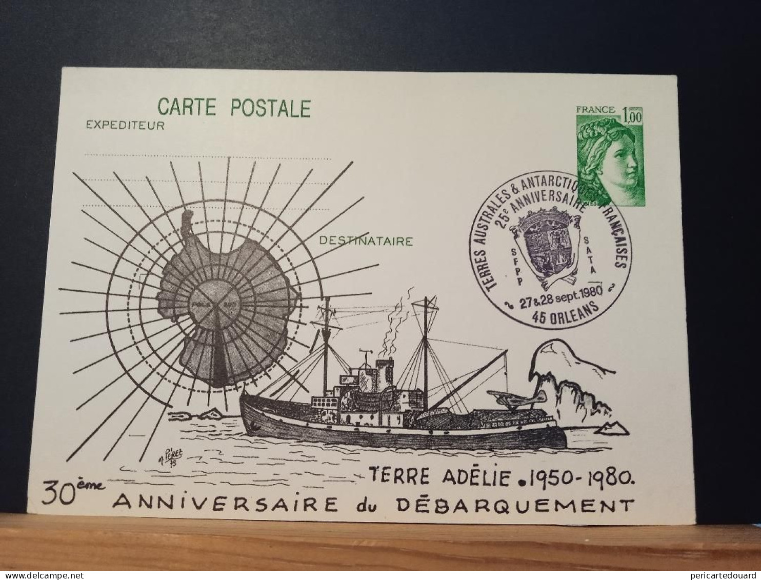 25 Ans Des TAAF Sur Entier Postal Sabine De Gandon 1,00 Fr Vert SAB B - Interi Postali