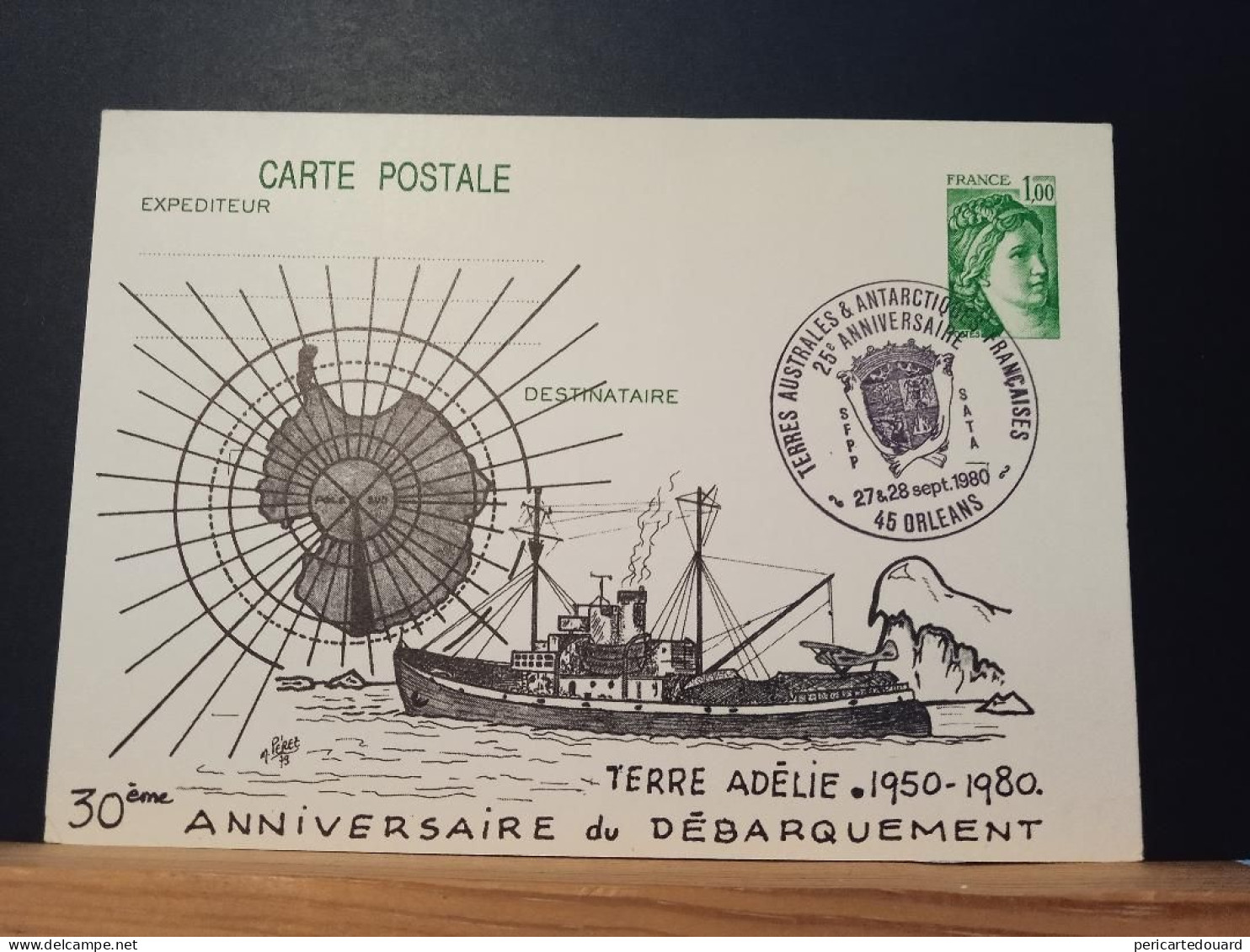 25 Ans Des TAAF Sur Entier Postal Sabine De Gandon 1,00 Fr Vert SAB B - Postwaardestukken