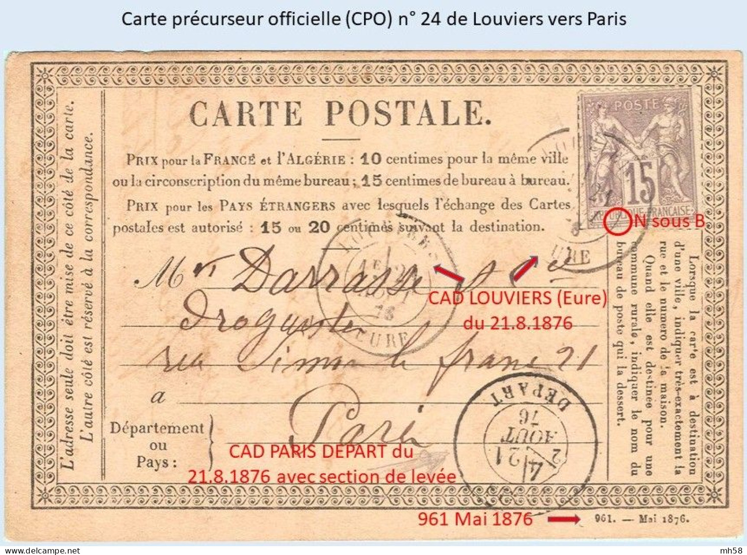 Entier FRANCE - Carte Précurseur (CPO) N° 24 Affrcht YT 66 - Obl. Louviers Vers Paris - Precursor Cards