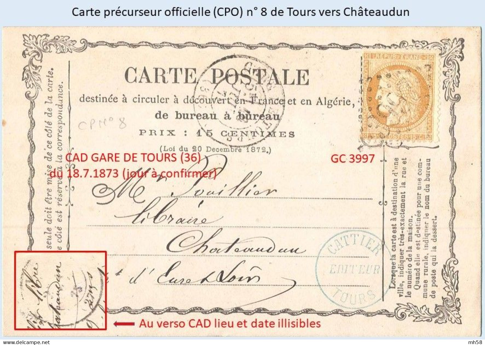 Entier FRANCE - Carte Précurseur (CPO) N° 8 Affrcht YT 59 - Obl. Tours Vers Chateaudun - Vorläufer