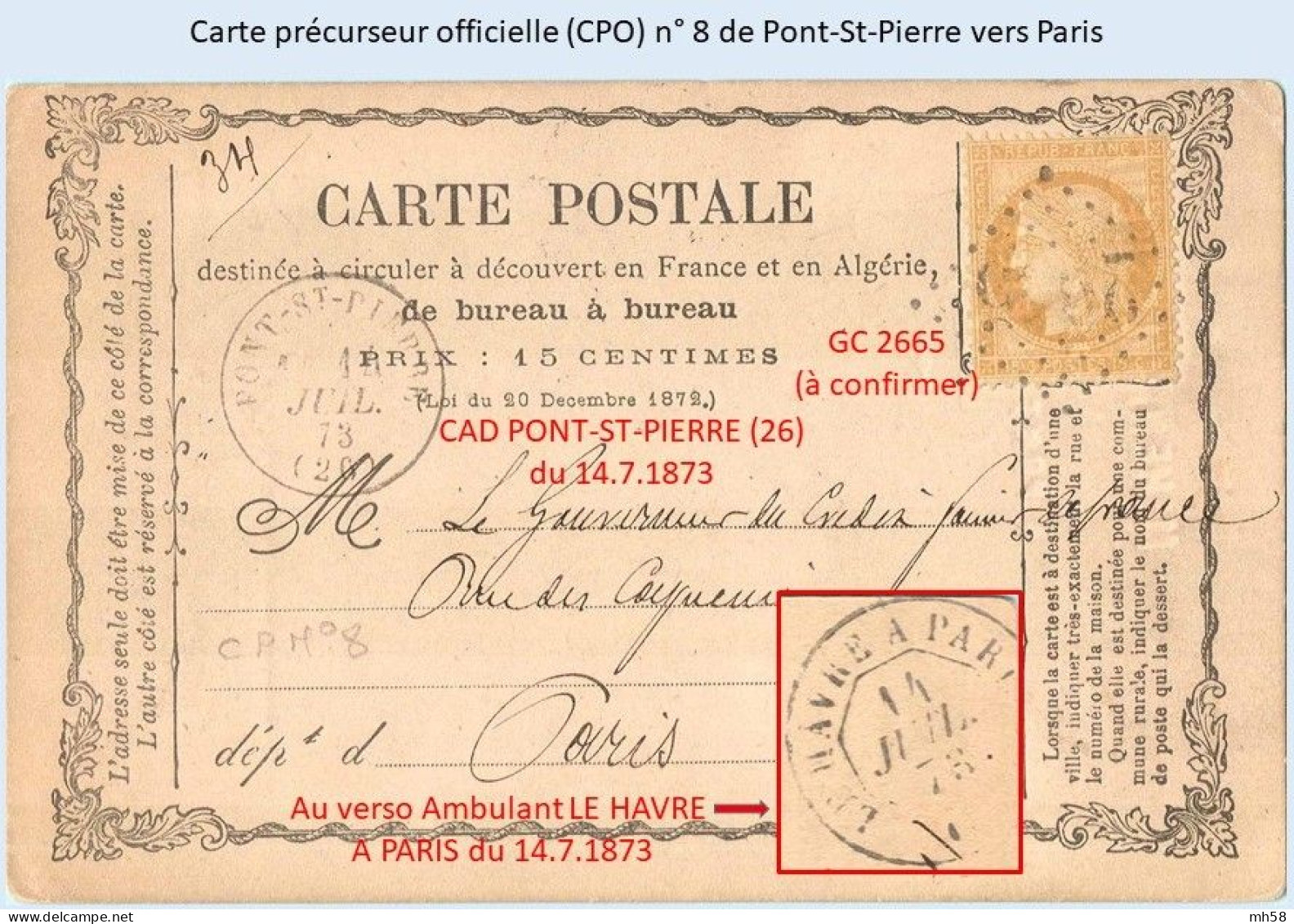 Entier FRANCE - Carte Précurseur (CPO) N° 8 Affrcht YT 59 - Obl. Pont St Pierre Vers Paris - Voorloper Kaarten