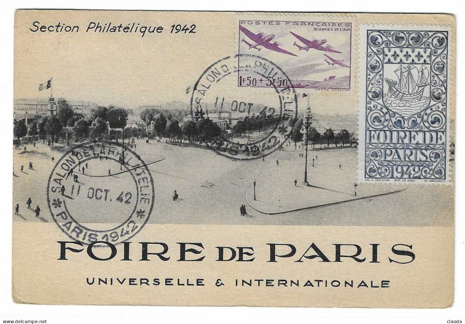 X314 - FOIRE DE PARIS - 1942  (CARTE OBITEREE  AVEC VIGNETTE ) - Expositions Philatéliques