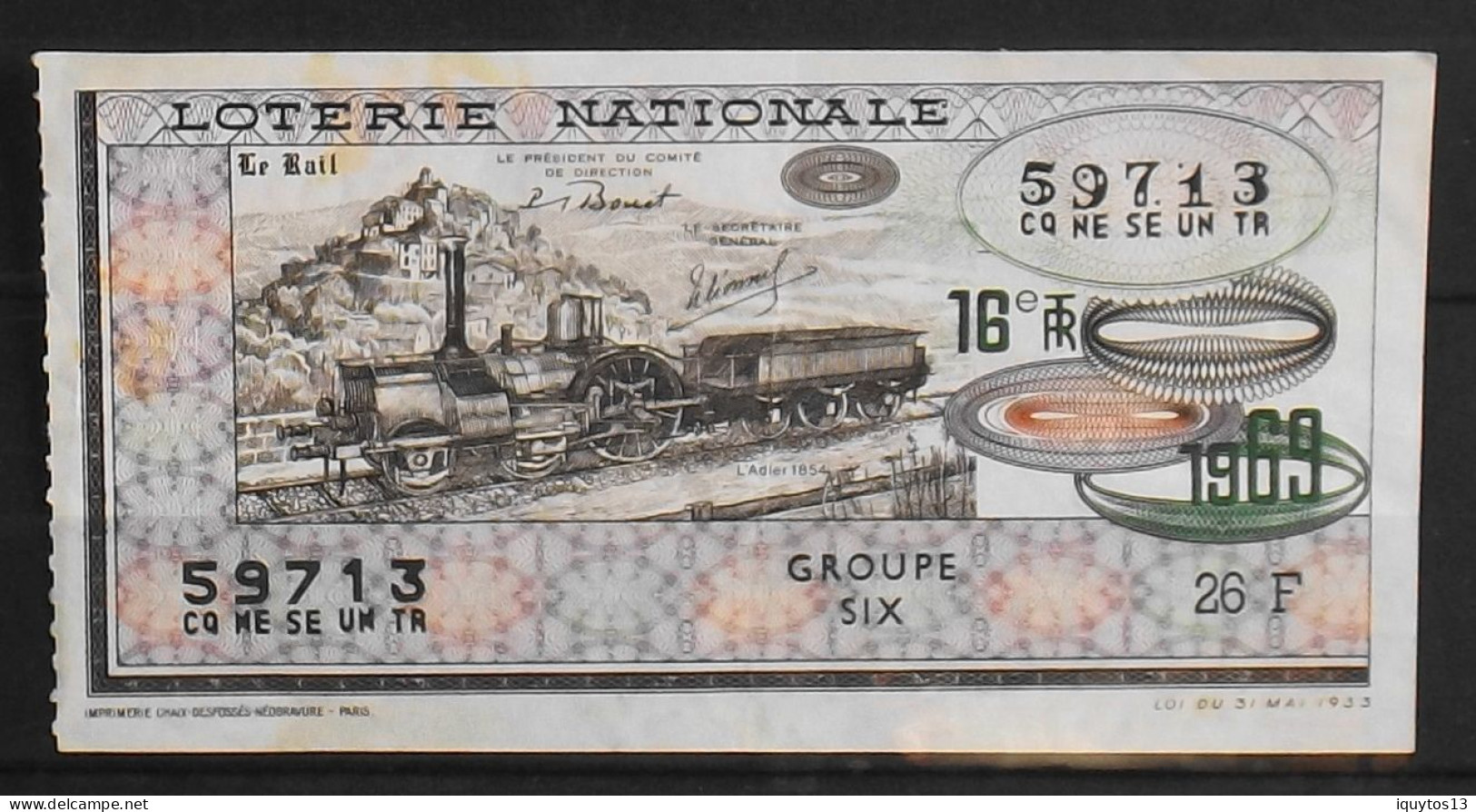 BILLET DE LOTERIE NATIONALE - 1969 Le Rail - La Locomotive L'Adler 1854 - BE - Lottery Tickets