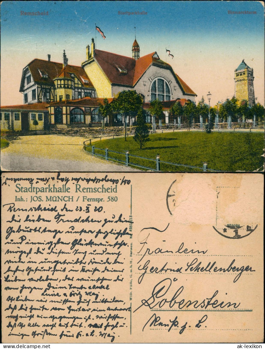 Ansichtskarte Remscheid Stadtparkhalle Bismarckturm 1917 - Remscheid