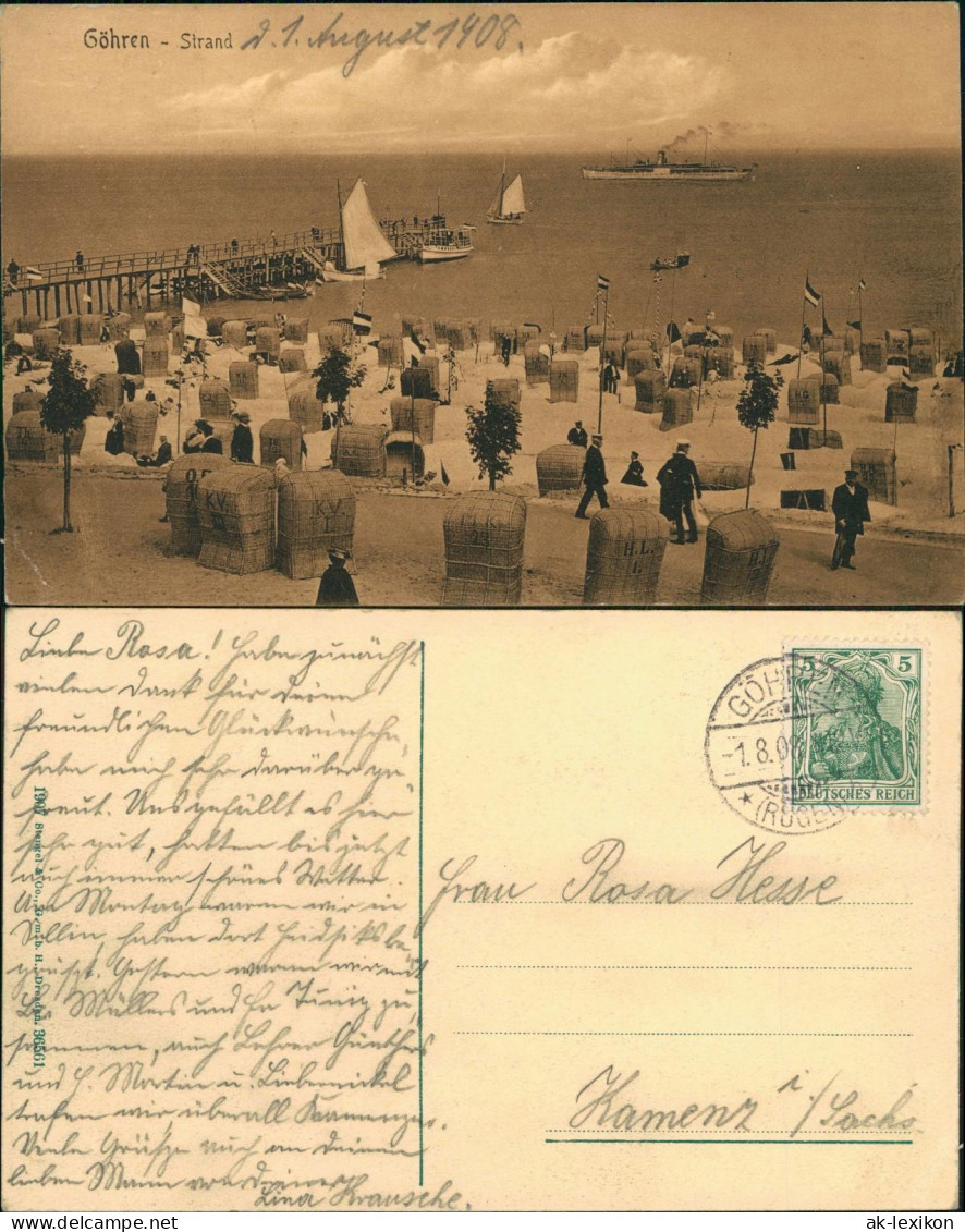 Ansichtskarte Göhren (Rügen) Strandleben, Seebrücke - Dampfer 1908  Gel. Stempel - Göhren