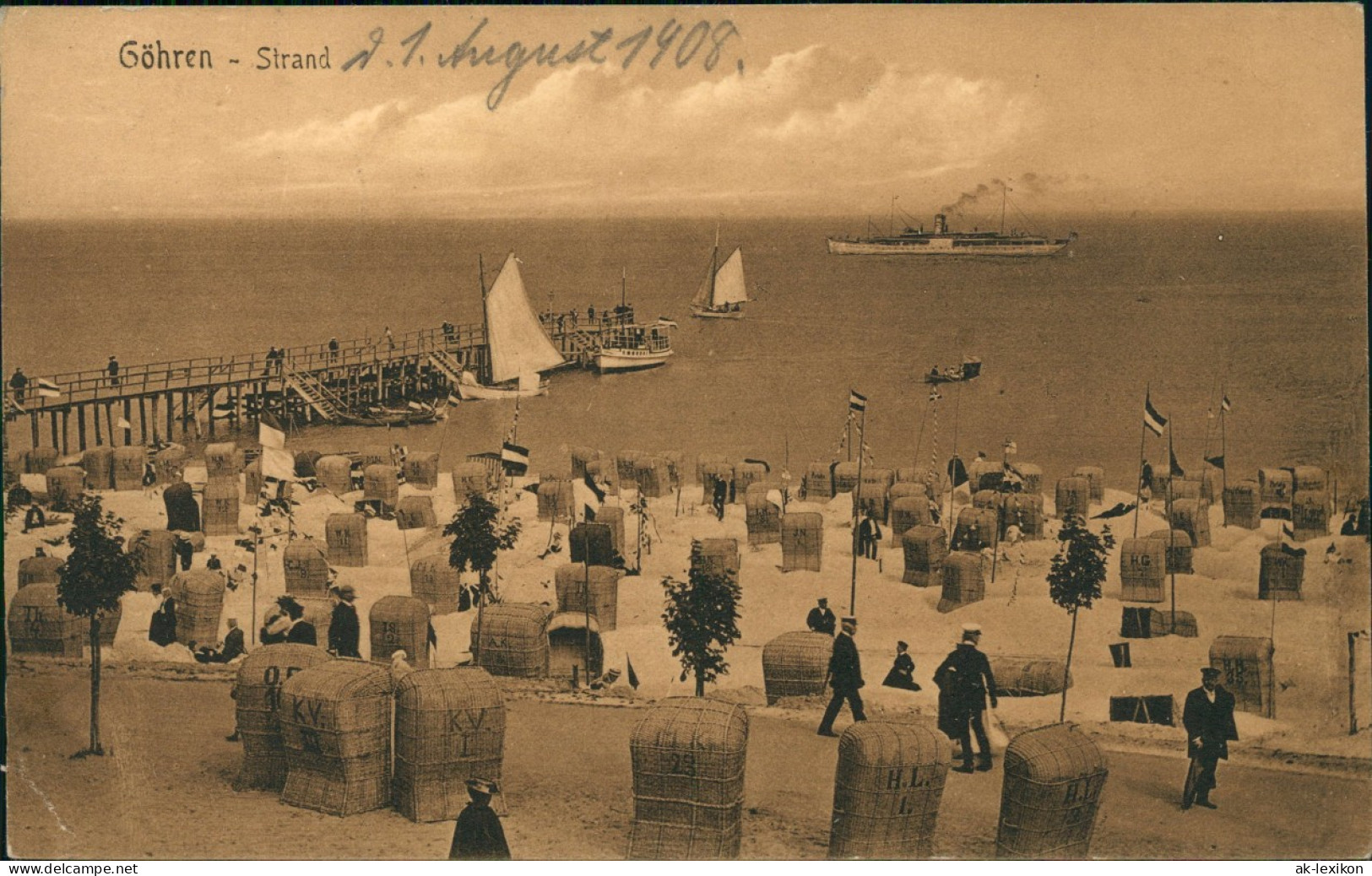 Ansichtskarte Göhren (Rügen) Strandleben, Seebrücke - Dampfer 1908  Gel. Stempel - Goehren