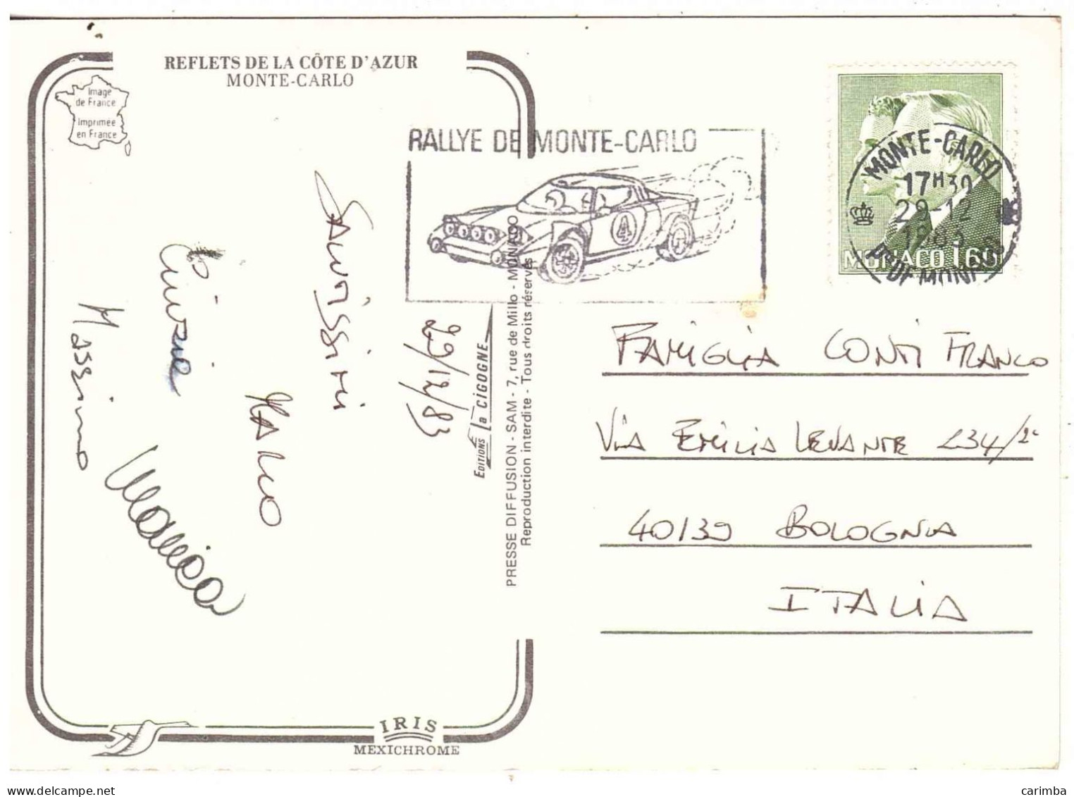 CARTOLINA MONTECARLO PER ITALIA CON ANNULLO TARGHETTA - Cartas & Documentos