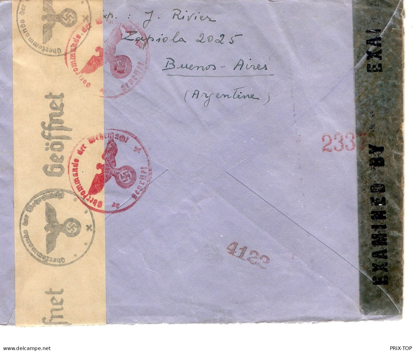 Argentina Air Mail Cover  Buenos Aires 1943 US Tape Censor 2889  + German Tape Censor Paris (X) > Swiza - Cartas & Documentos