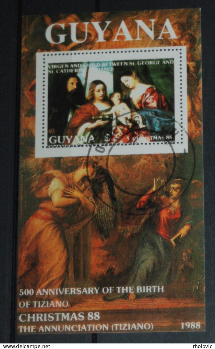 GUYANA 1988, Paintings, Art, Tiziano, Mi #B27, Souvenir Sheet, Used - Religieux