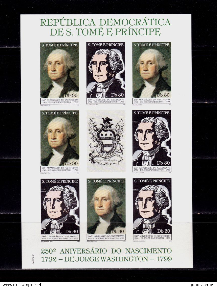 Sao Tome Principe "Washington -250 Years Since The Birth", Mini Sheet 8 Stamps+1 Vignette, Imperf. , MNH - Sao Tome And Principe