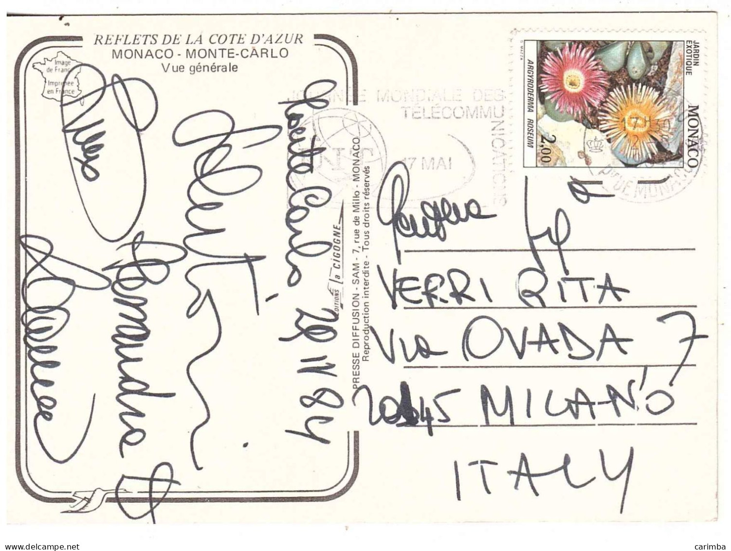 CARTOLINA MONTECARLO PER ITALIA CON ANNULLO TARGHETTA - Covers & Documents