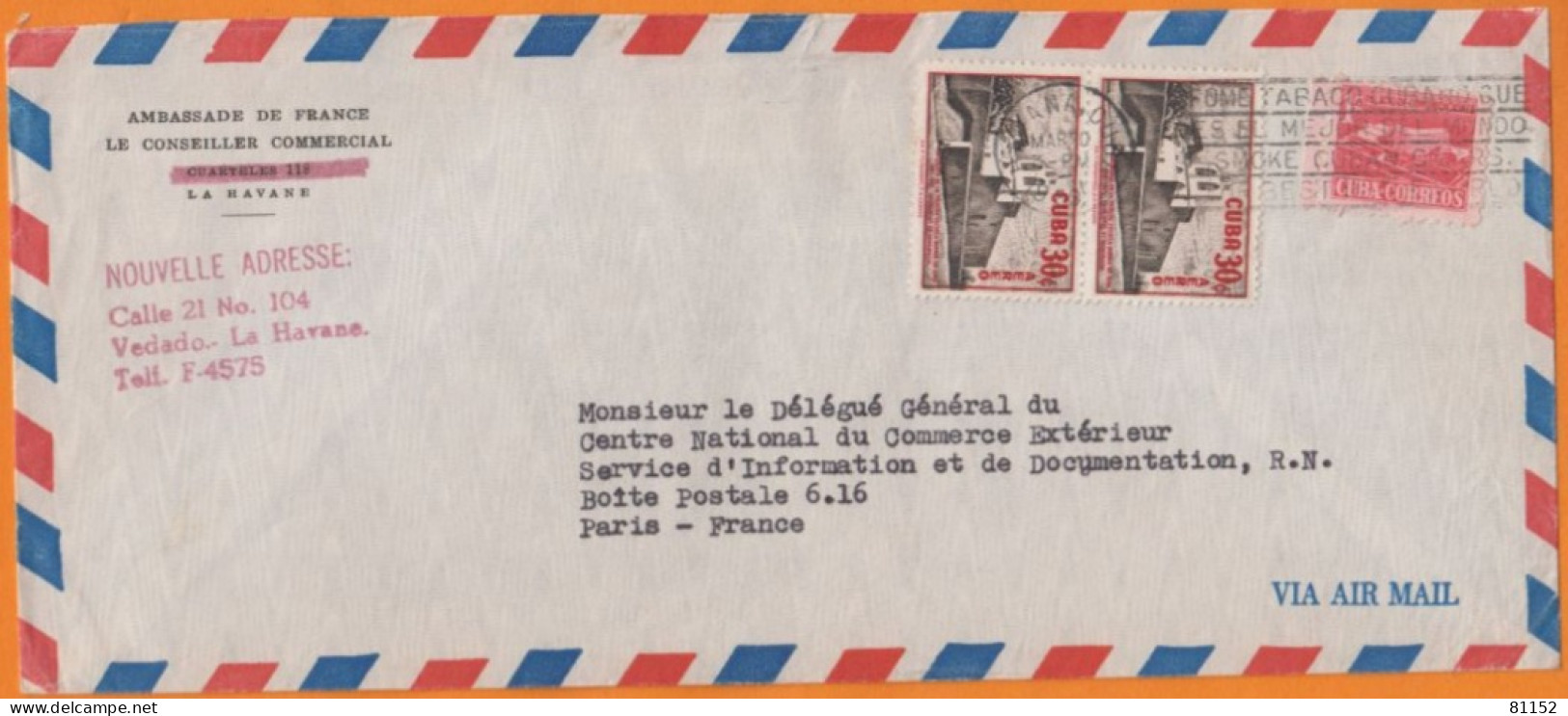 CUBA Lettre Pub De LA HAVANE 1959 POSTE AERIENNE Pour PARIS   Avec 30c La Paire Poste Aérienne  + Complément 1c - Posta Aerea