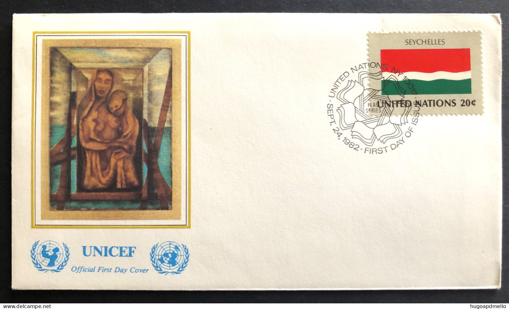 UNITED NATIONS,  FDC, UNICEF, « SEYCHELLES », Flags, Painting, 1982 - UNICEF