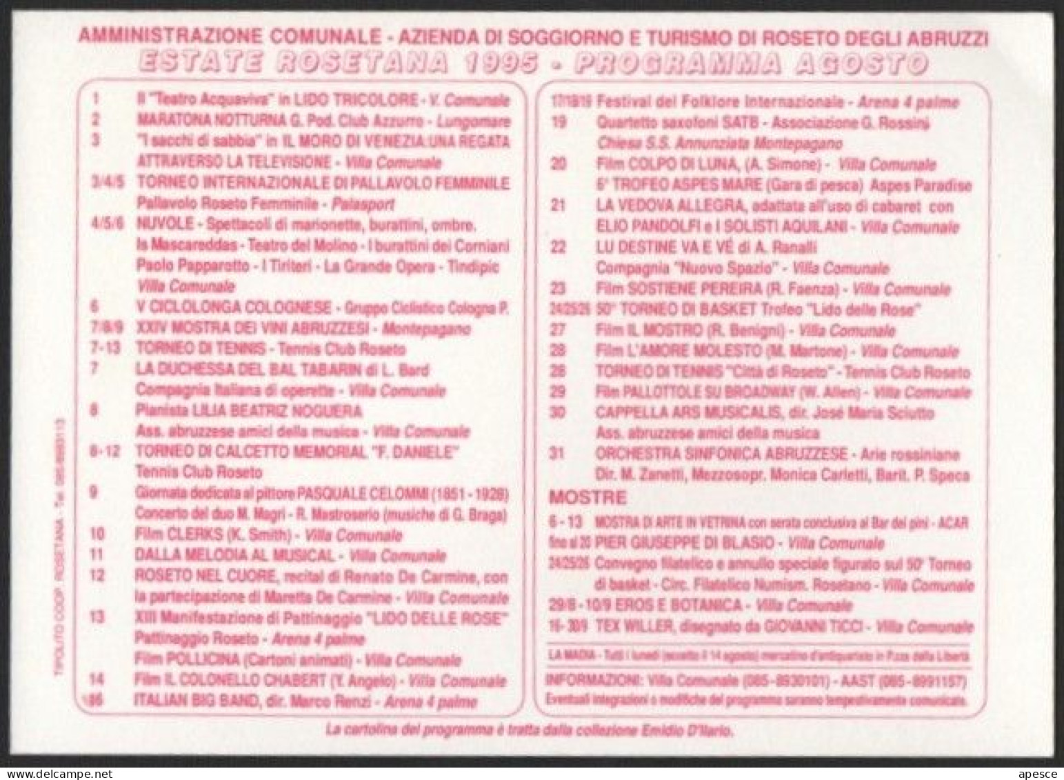 ITALIA ROSETO DEGLI ABRUZZI - PROGRAMMA AGOSTO - ESTATE ROSETANA 1995 - ROSBURGO: PIAZZA REGINA VITTORIA - PROMOCARD - I - Demonstrationen