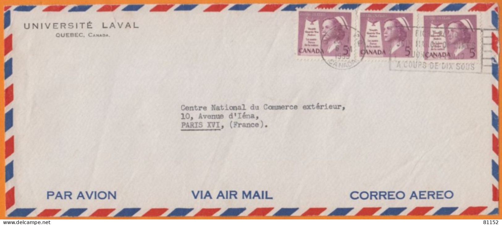 CANADA  Lettre Pub " UNIVERSITE LAVAL "   De QUEBEC 1959  Avec 3 Timbres à 5c Pour PARIS Par Avion - Cartas & Documentos