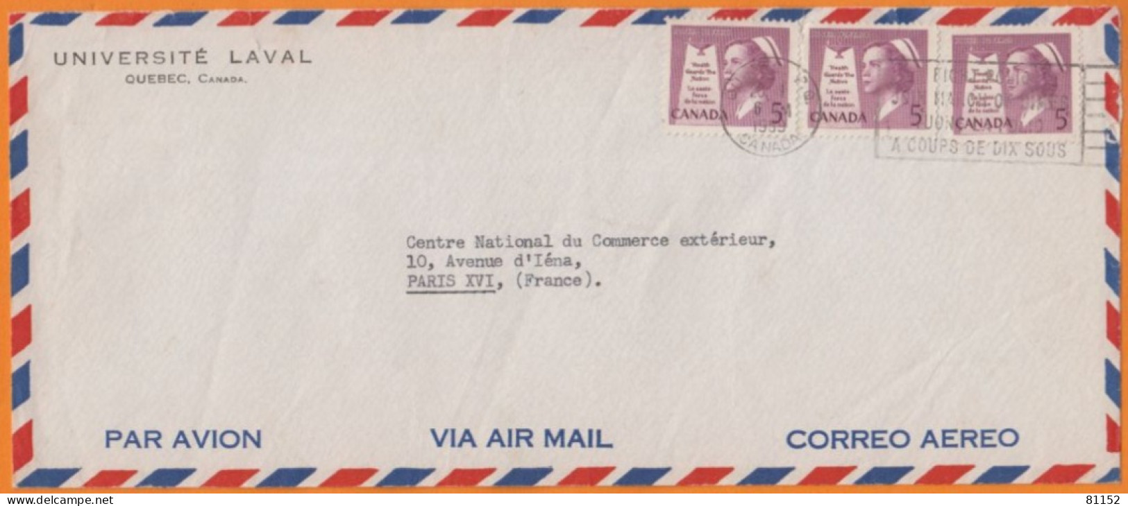 CANADA  Lettre Pub " UNIVERSITE LAVAL "   De QUEBEC 1959  Avec 3 Timbres à 5c Pour PARIS Par Avion - Lettres & Documents