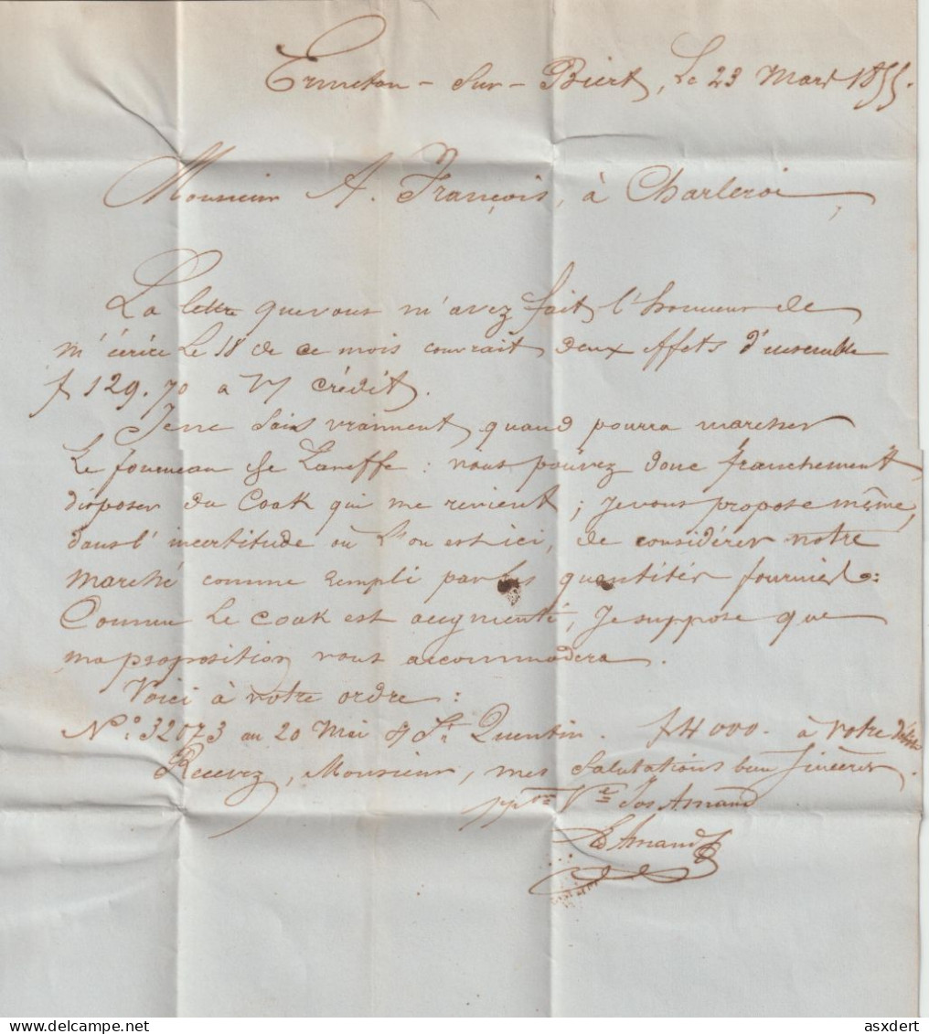 Belgique 1855 Lettre Datée De Ermeton Sur Biert . Affr. N°6 Distribution 28 Mettet Vers Charleroi - 1851-1857 Medallions (6/8)