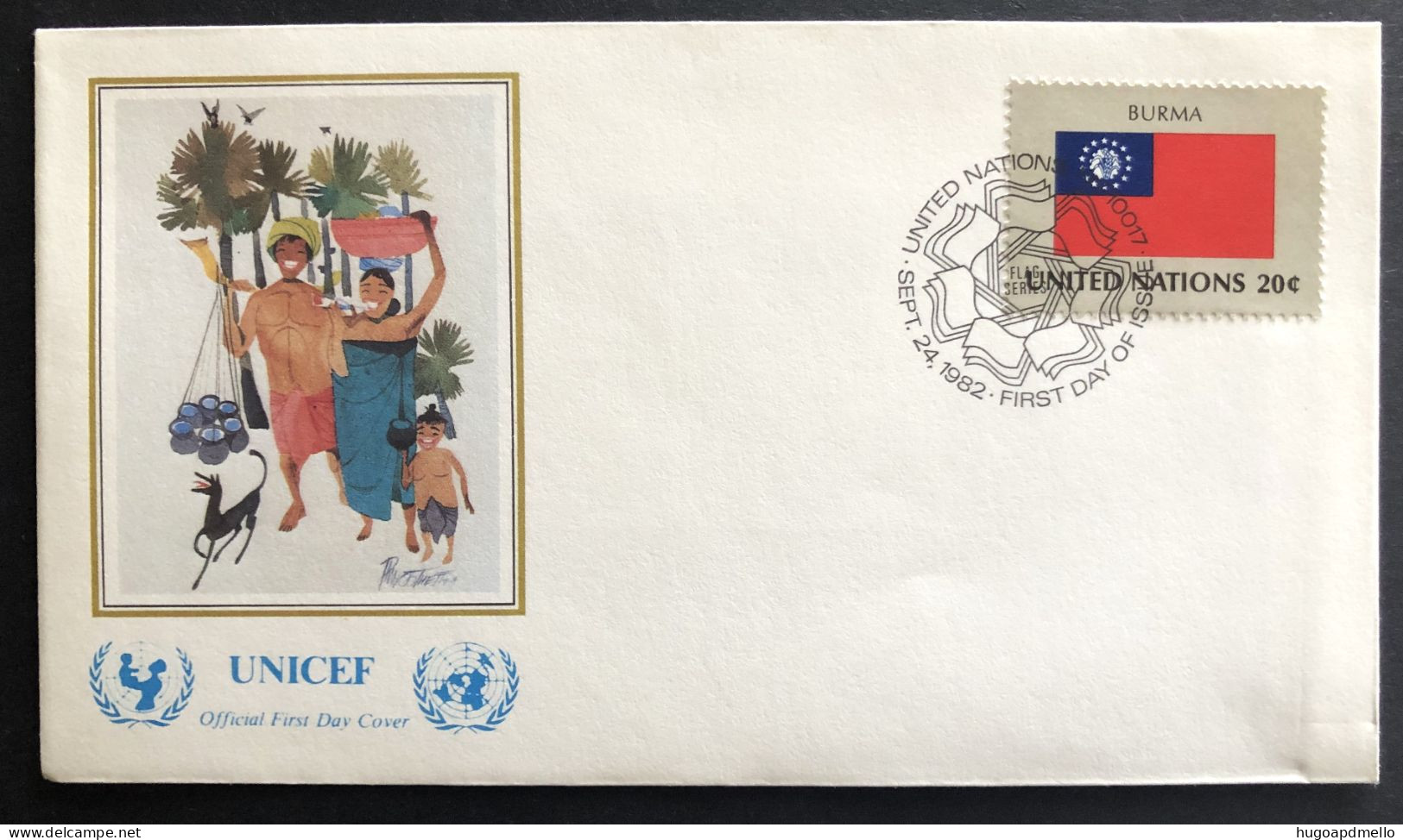 UNITED NATIONS,  FDC, UNICEF, « BURMA », Flags, Painting, 1982 - UNICEF
