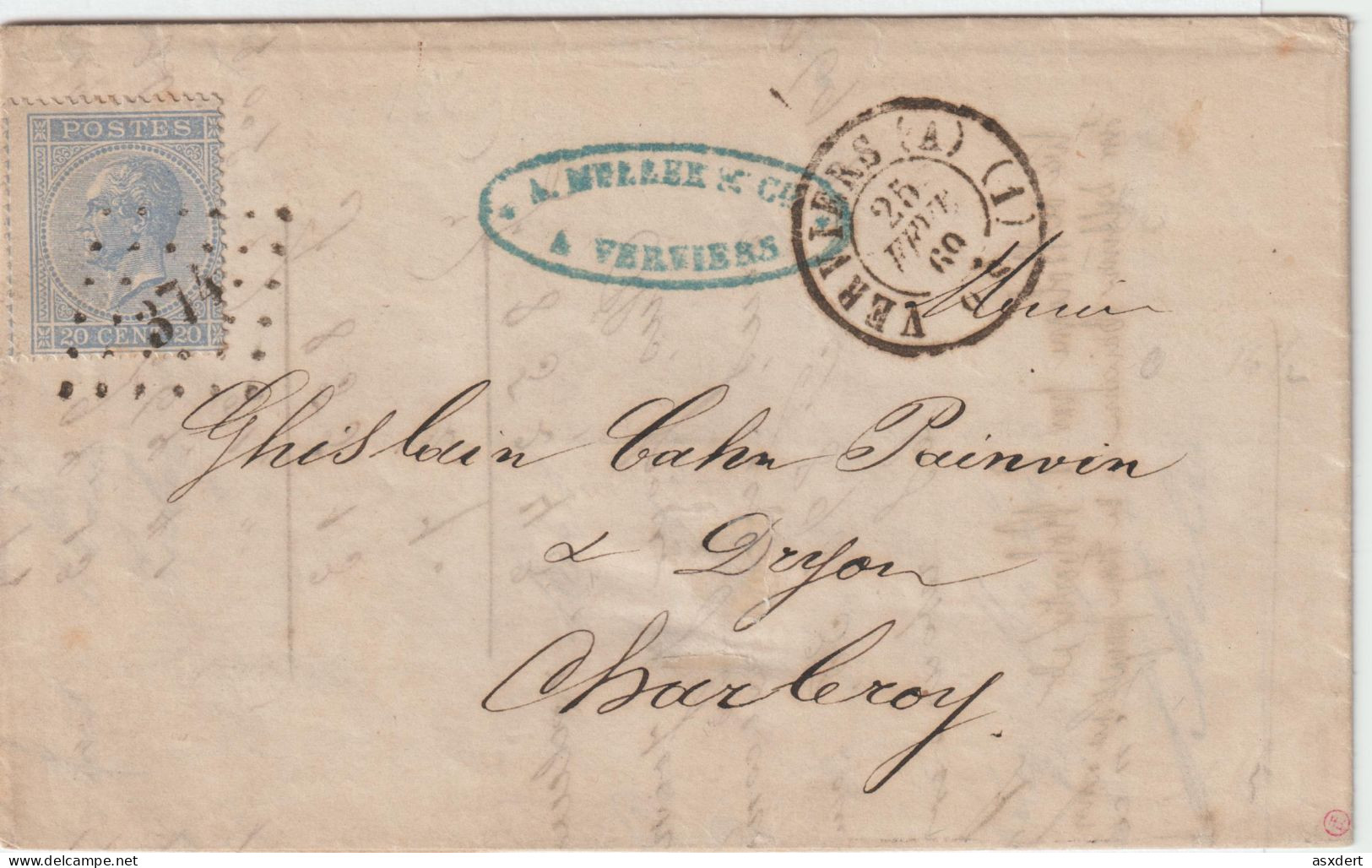 Belgique 1869 N° 18 LP. 374 Verviers (A) (1) Vers Charleroy - 1865-1866 Profil Gauche