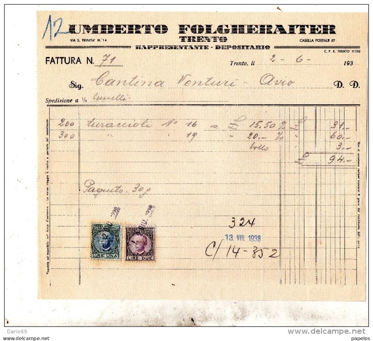 1938 TRENTO  - UMBERTO FOLGHERAITER - Italia